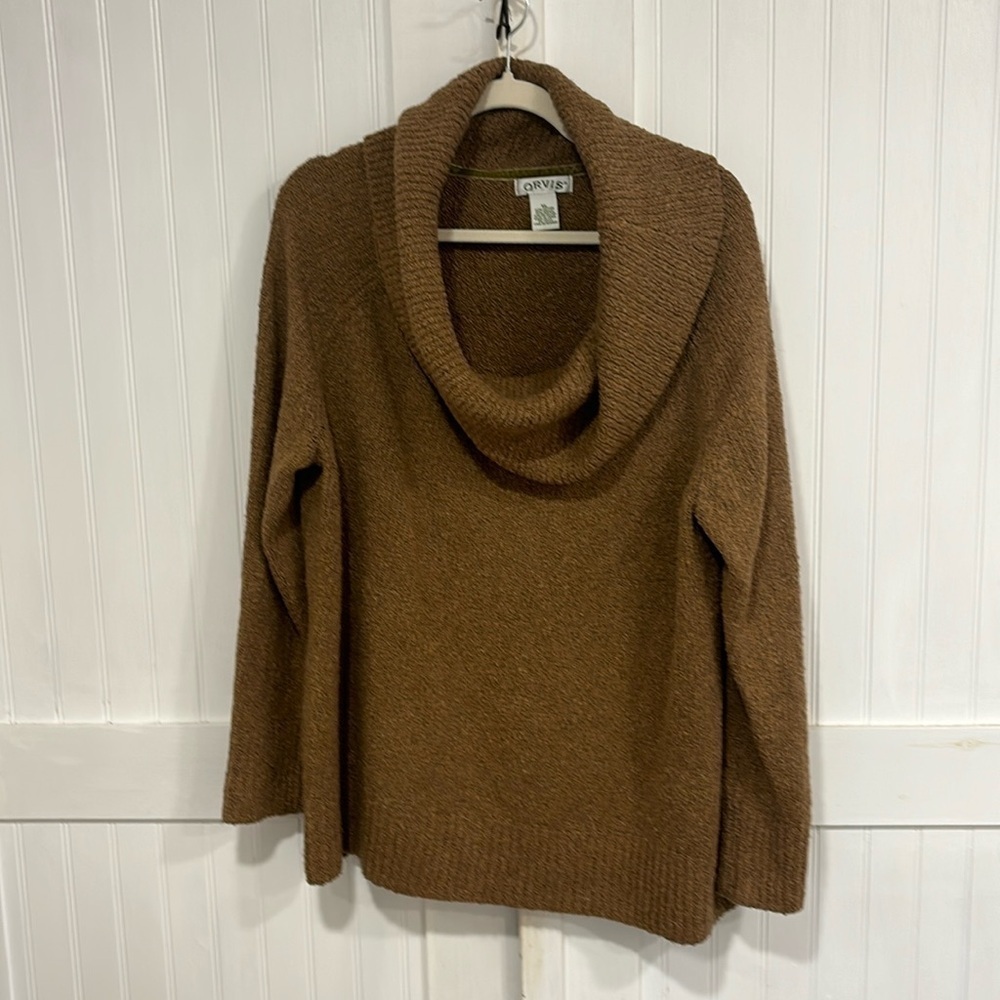 Orvis: brown, long sleeved, louse cowl neckline cotton blend sweater size XL ￼